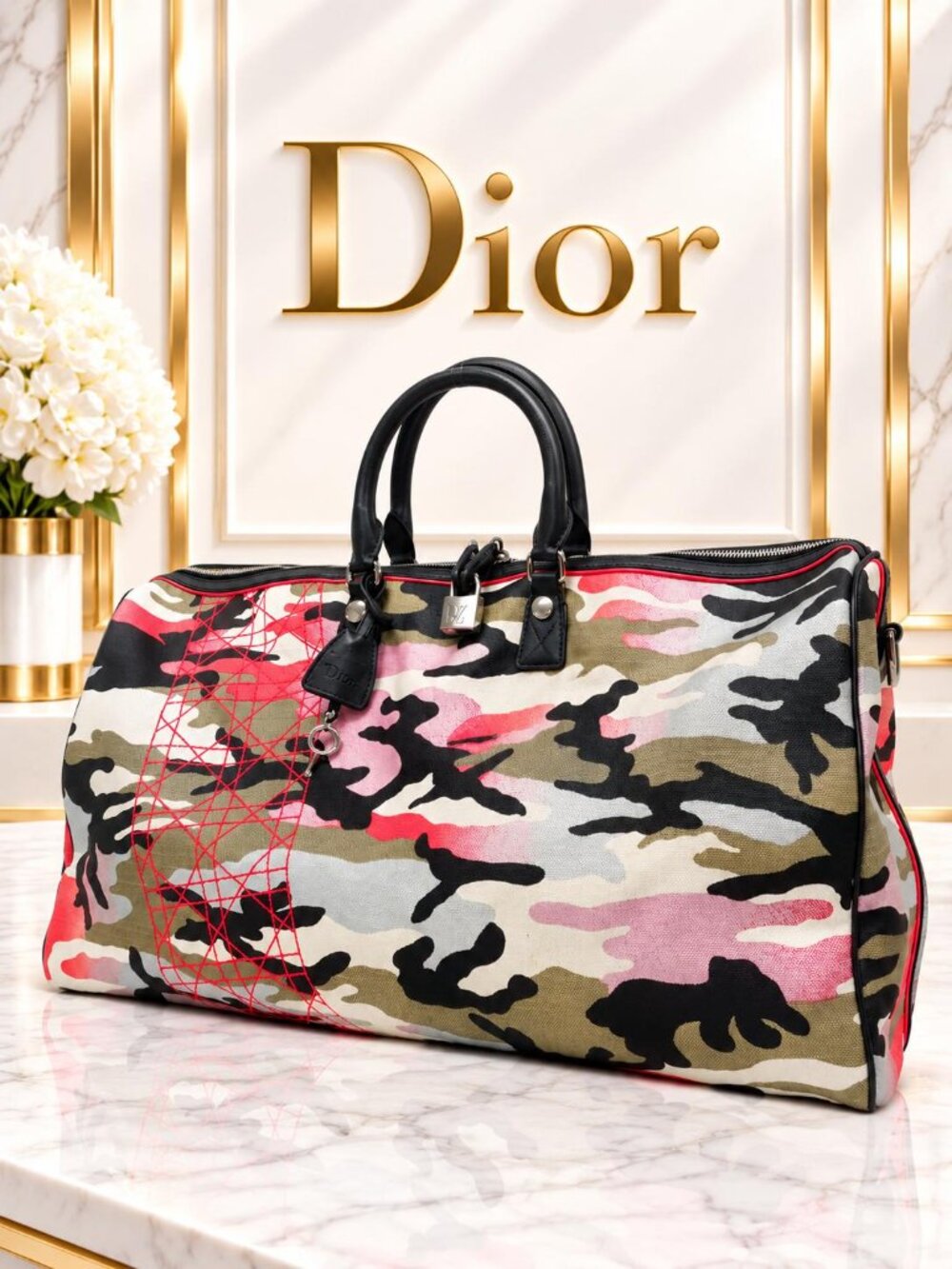 Authentic Dior Anselm Reyle Duffle Bag Camo Camouflage Canvas Travel Bag